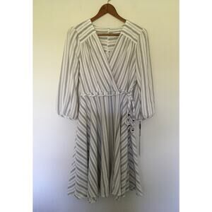 Calvin Klein Womens Midi Dress Size 6 Gray White Striped Faux Wrap Tie Waist NWT